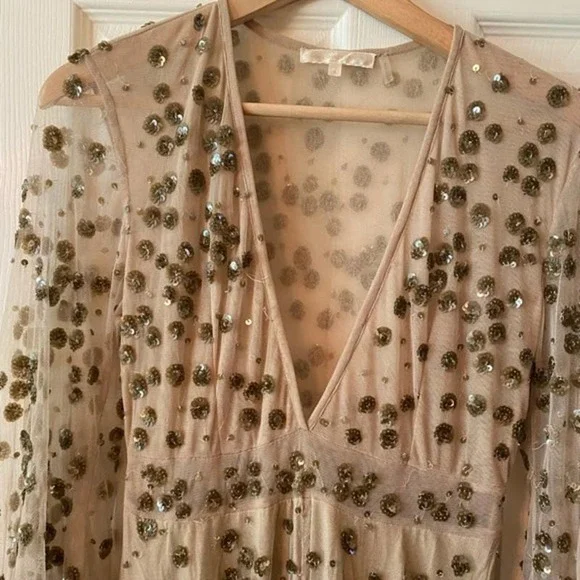 LoveShackFancy Maxi Dress Gown‎ Gold Nude Sequin Sparkle Glitter Tulle Holiday 0